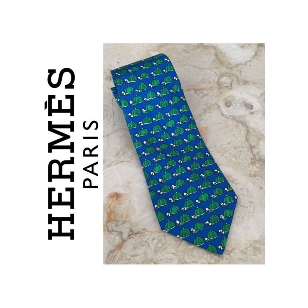 Hermes 100% Silk Blue & Green Horse Jockey Hat (684 OA) Tie
